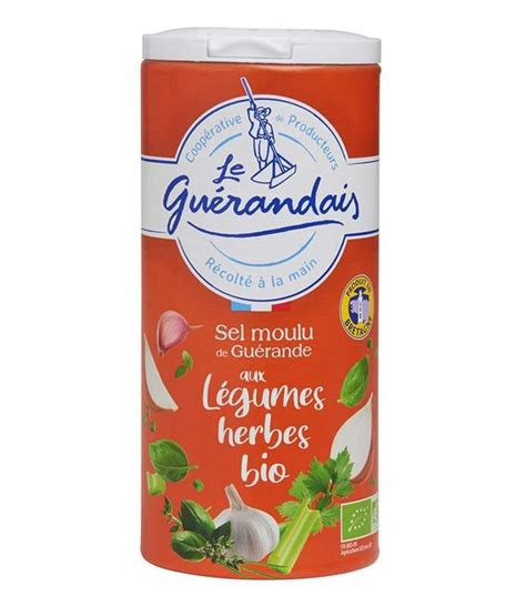 A red-orange canister containing 250 grams of Le Guérandais fine sea salt with organic vegetables and herbs.