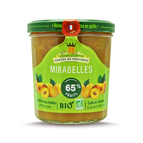 A 350 gram jar of Les Comtes de Provence organic mirabelle spread.