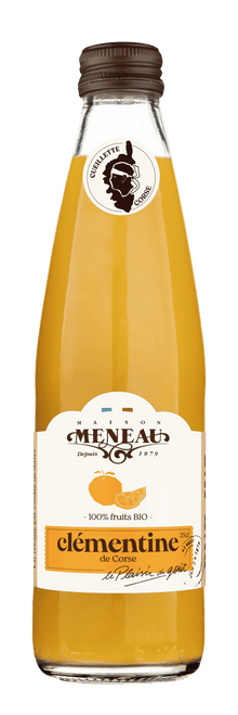 A 25 centiliter glass bottle of Meneau's organic clementine juice.