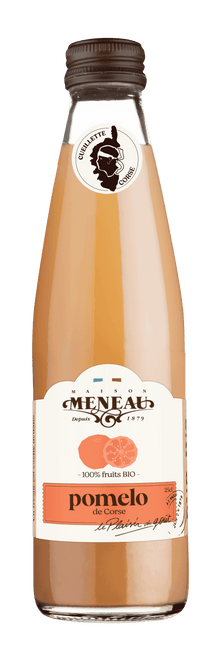 A 25 centiliter glass bottle of Meneau's organic pink grapefruit juice.