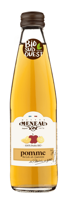 A 25 centiliter glass bottle of Meneau's organic apple juice with pulp.
