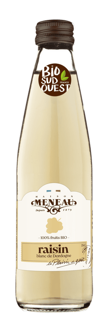 A 25 centiliter glass bottle of Meneau's organic white grape juice.