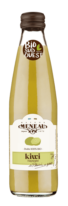 A 25 centiliter glass bottle of Meneau's organic kiwi nectar.
