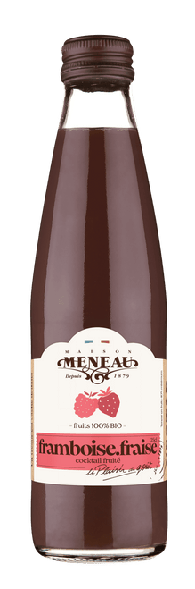 A 25 centiliter glass bottle of Meneau's organic raspberry and strawberry nectar.