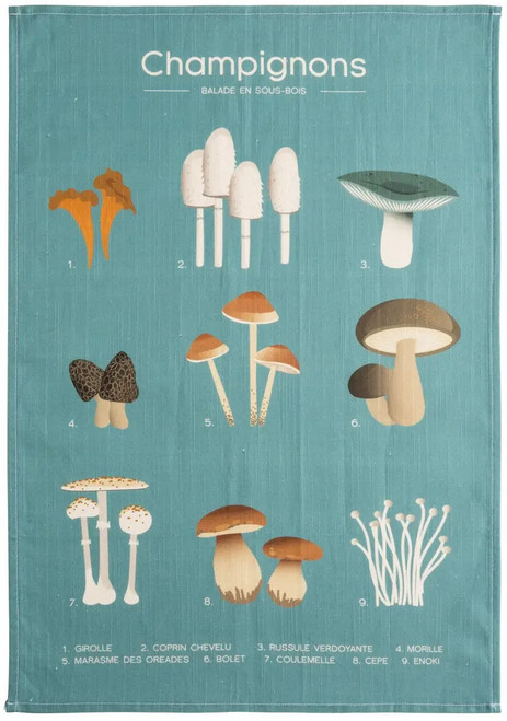 A sea green tea towel titled "Champignon" from Coucke, featuring cartoon renditions of various mushrooms.