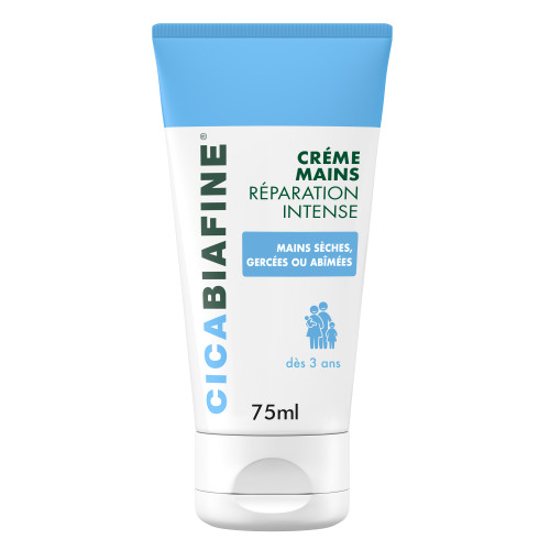 A 75 milliliter squeeze tube of intense repair hand cream from Cicabiafine. The tube has the text, "Mains sèches, gercées ou abîmées, dès 3 ans."