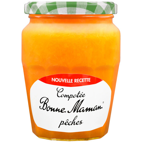 Bonne Maman's peach sauce (compote) in a 590 gram jar with green and white checkered lid.