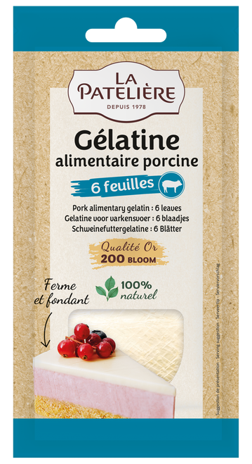 A 12 gram packet of 6 sheets of La Patelière gelatin.