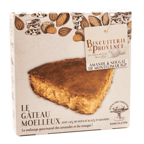 A 225 gram box of Biscuiterie de Provence's gluten free almond cake with nougat.