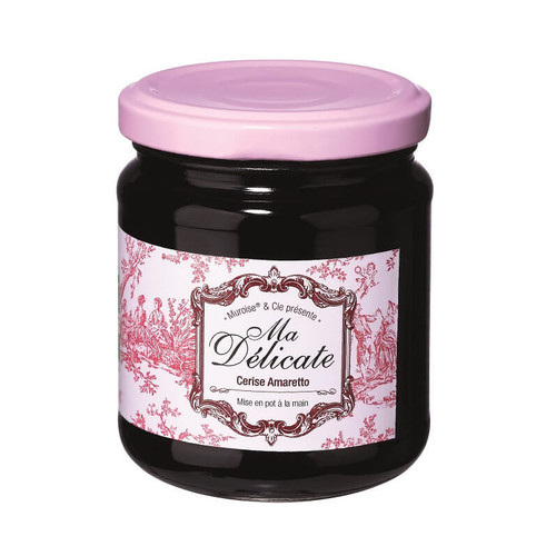 A 200 gram jar of Muroise & Co cherry and Amaretto with a pink lid and label with a floral design.