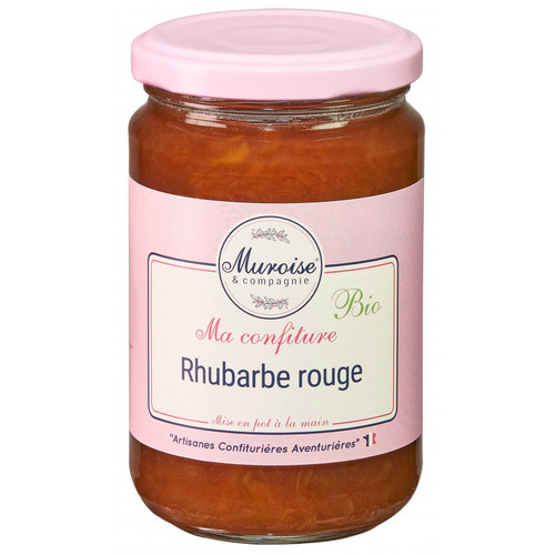 A 350 gram pink jar of Muroise & Co's organic red rhubarb preserves.
