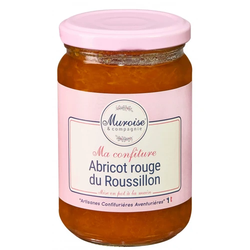 A 350 gram pink jar of Muroise & Co's Roussillon red apricot preserves.