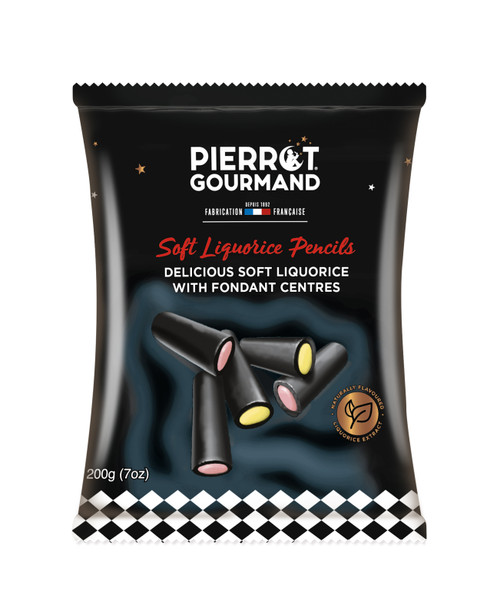 A bag holding 200 grams of soft licorice "pencils" from Pierrot Gourmand. Said pencils are hollow licorice tubes filled with pastel colored fruit jelly.