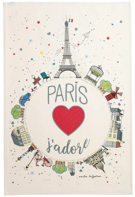 A linen tea towel from Winkler. There is heart in the center of the towel surrounded by the phrase, "Paris J'Adore." The heart itself is surrounded by a ring comprised of various Parisian icons: the Eiffel tower, a bicycle, a lighthouse, etc.