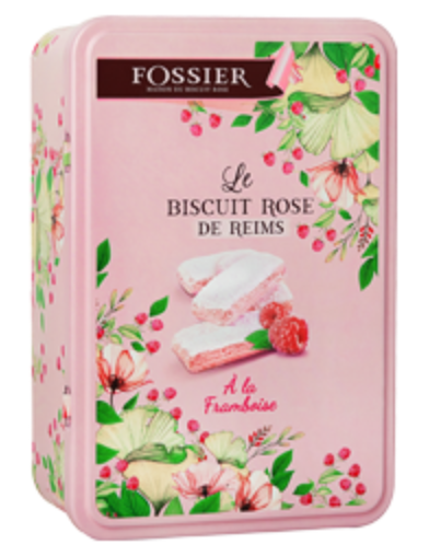 A tin containing 150 grams of Fossier's pink biscuit rose with raspberry. The tin is light pink with floral art overgrown from the edges.