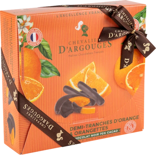 A gift box containing 170 grams of assorted candied orange peels and slices, coated in dark chocolate, from Chevaliers d'Argouges. The box is held closed with a dark brown ribbon.