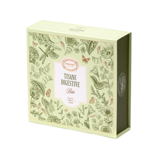 A magnetic-clasp case containing 20 sachets of Provence d'Antan organic digestive herbal tea, a blend of lemon verbena, lemon balm, and linden. The case is a light green and the border features sketches of grass, flowers, fruit, and insects.
