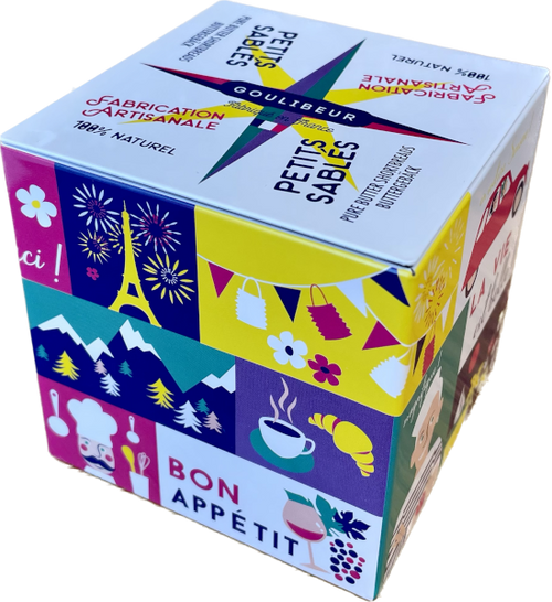 A metal "Bon Appétit" tin with 120 grams of Goulibeur mini shortbread cookies. The tin is multicolored and contains many small abstract cartoons representing France: the Eiffel tower, a chef, coffee and a croissant, etc.