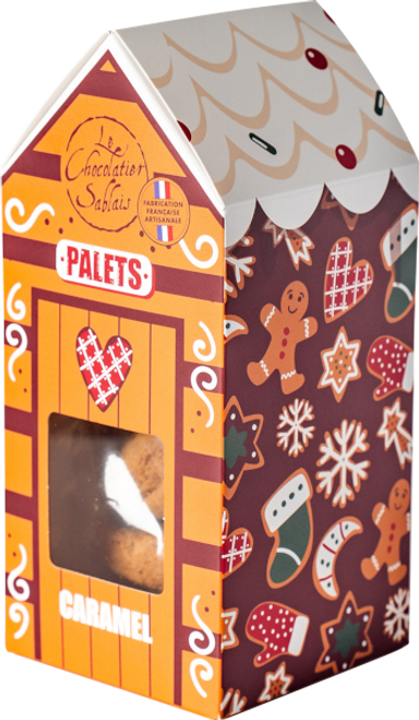 Le Chocolatier Sablais Caramel Palets in Christmas Cabin Box 150g