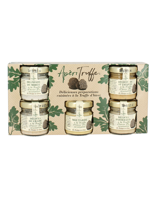 A box containing a total of 150 grams of five different flavors of spreads from the "Apériruffe" set from Les Délices du Lubéron. Cursive script along the box says, "Délicieuses préparations cuisinées à la Truffe d'hiver."