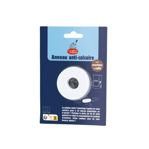 A magnetic anti-limescale ring from La Droguerie Ecologique. The side of the package includes a graphic that indicates its use: place the ring in the water reservoir of a coffee machine to avoid limescale build-up.