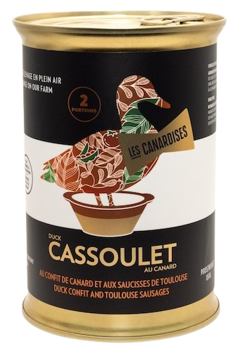 An 850 gram can of Les Canardises cassoulet with duck confit.