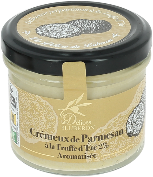 A 90 gram jar of Les Délices du Lubéron creamy Parmesan spread with summer truffle.