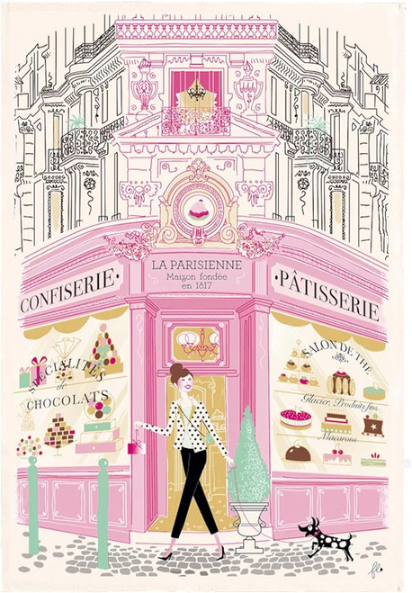 A Winkler "Pastry Shop" tea towel. The towel features a large pastel pink illustration of a happy customer leaving an ornate pastry shop.