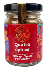 A close up of a jar containing 35 grams of quatre épices (a spice blend) from Comptoir & Co.