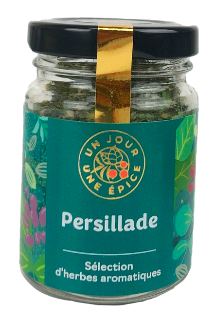 A close up of a jar containing 25 grams of a persillade aromatic herb blend from Comptoir & Co.
