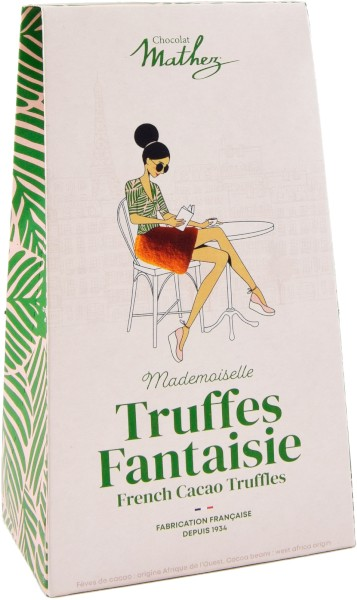 A tan and green box with an illustration of a chic lady in a bistro, containing 100 grams of cocoa-powdered truffles from Mathez.