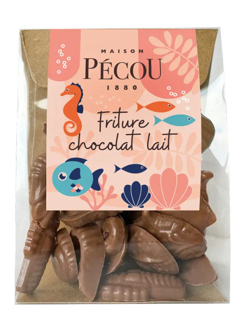 A clear plastic box holding 100 grams of milk chocolate friture ("fried fish") and seafood-shaped pieces from Maison Pécou.