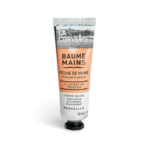 A resealable tube with 30 milliliters of hand balm with organic vineyard peach from La Corvette.