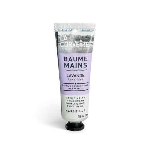 A resealable tube with 30 milliliters of hand balm with lavender essential oil from La Corvette.