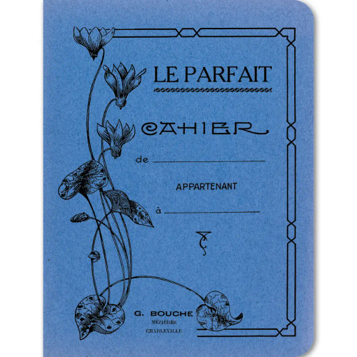 A blue notebook in retro style from Laughing Elephant, titled "Le Parfait" with a space to put your name and address. It has an illustration of a few leaves and flowers.