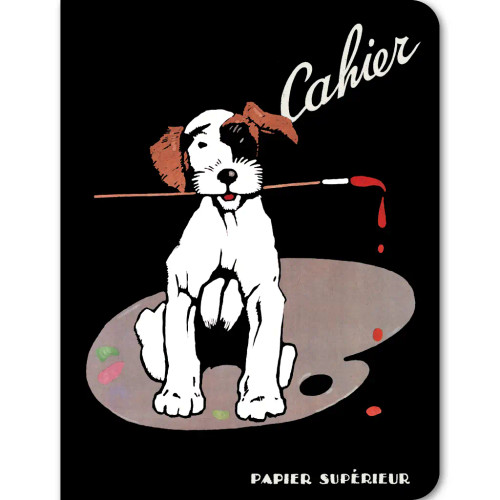 A black notebook from Laughing Elephant featuring an illustration of a white terrier with brown ears holding a used paint brush while sitting on a paint palette.