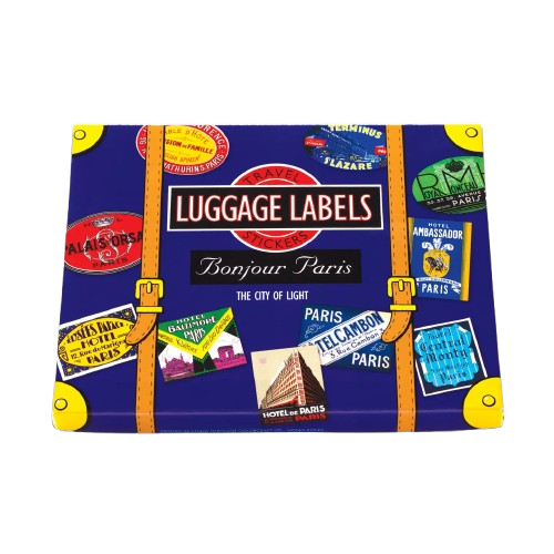 A box of "Bonjour Paris" travel stickers from Laughing Elephant, shaped to look like a leather suitcase covered in stickers.