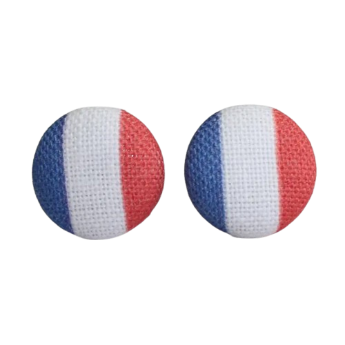 Two fabric button earrings with a French flag design, from Rachel O's.