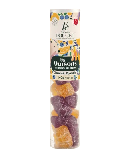 A 140 gram container of François Doucet lemon and blueberry bear-shaped pâte de fruits (fruit jellies).