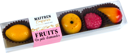 A 65 gram container of assorted fruit-shaped marzipan from Maffren. The marzipan is in a row, and each piece is shaped and painted to look like different kinds of fruit: lemon, apple, raspberry, and mango.