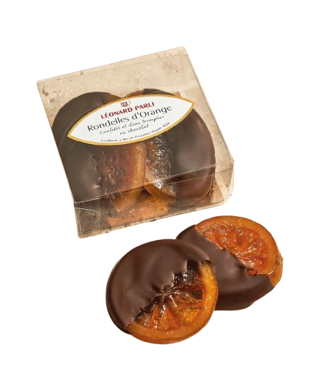 A box of 100 grams of Léonard Parli candied orange slices, dipped in dark chocolate.