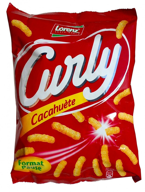 A 100 gram bag of Lorenz's curly roasted corn and peanut snack pieces.
