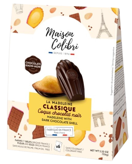 A 156 gram bag of Maison Colibri  madeleines with a dark chocolate shell. The madeleines are covered in dark chocolate on one side and exposed on the other.