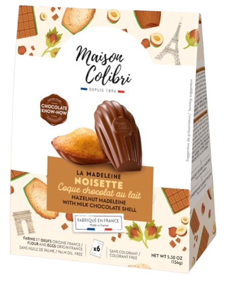 A 156 gram bag of Maison Colibri hazelnut madeleines with a milk chocolate shell. The madeleines are covered in milk chocolate on one side and exposed on the other.