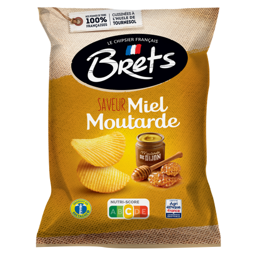 A 125 gram bag of of honey and mustard potato chips, made by Brets from Brittany. The bag has a photo of wavy potato chips next to a mustard jar, honeycombs, and a honey dipper.