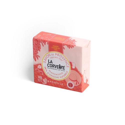 A 100 gram bar of grapefruit soap, made by La Corvette.