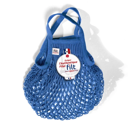 A mini Filt1860 cotton mesh blue shopping bag.