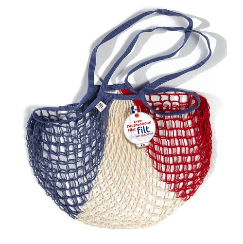 A large Filt1860 cotton mesh shopping bag that is blue, white, and red, styled like the French flag.