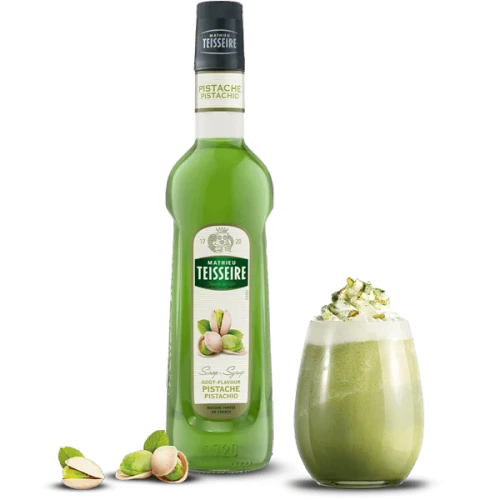 A 70 centiliter glass bottle of pistachio syrup from Teisseire.