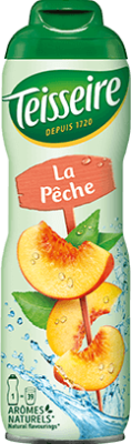 A 60 centiliter metal bottle of peach syrup from Teisseire.